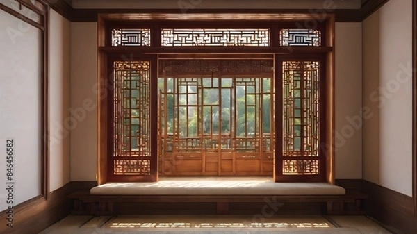 Obraz Generative AI. Indulge in Eastern luxury with this magnificent Chinese-style room. The rich wooden doors and windows exude a sense of grandeur, while the intricate design pays homage to ancient crafts