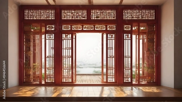 Obraz Generative AI. Indulge in Eastern luxury with this magnificent Chinese-style room. The rich wooden doors and windows exude a sense of grandeur, while the intricate design pays homage to ancient crafts