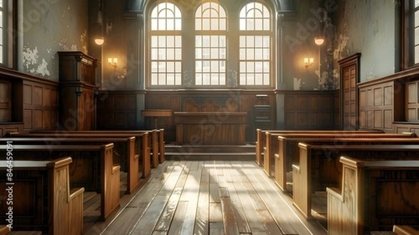 Fototapeta An empty courtroom with wooden pews and a judge's bench, bathed in warm light from the windows, creating an atmosphere of anticipation for someone to be brought before them.