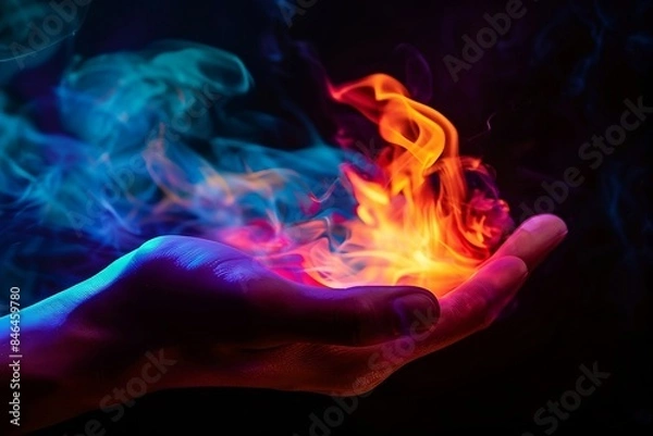 Fototapeta colorful flames burst from a man's hand, showcasing human power and energy. Perfect for magic, strength, and fantasy.