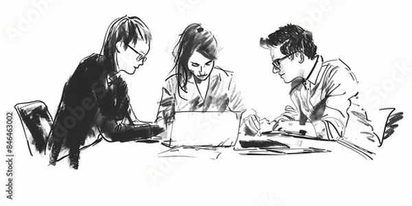 Obraz Teamwork Startup Team Brainstorming Business Ideas Together Illustration Sketch with Black Ink.