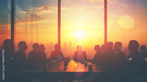 Fototapeta Silhouetted executives engage in a conference at dusk, against a backdrop of a striking sunset, symbolizing collaboration and high-level decision-making.