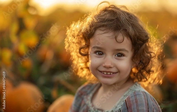 Fototapeta A happy child with curly hair smiling in a pumpkin patch, captured during the golden hour, perfect for autumn and festive themes.