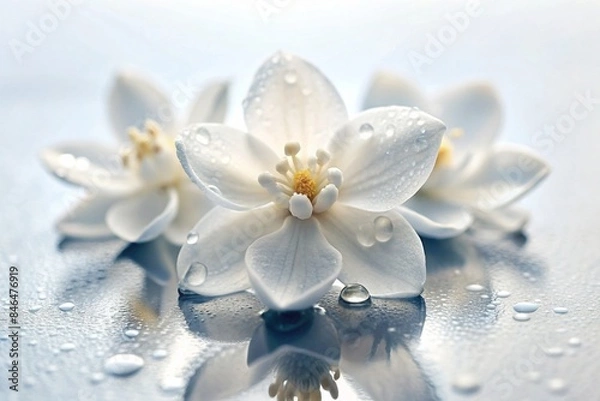 Obraz AI generated illustration of a shot of flowers drops on jasmine petals on a white surface