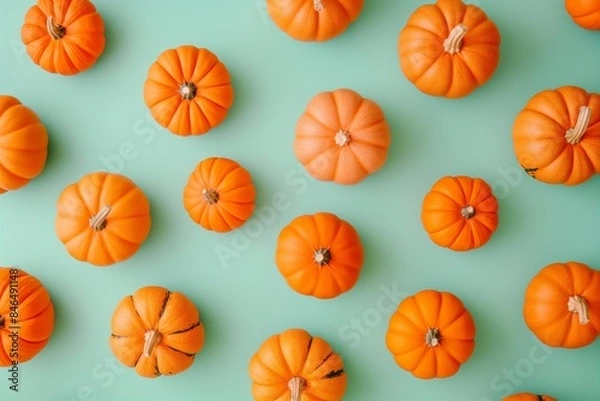 Fototapeta A pattern of pumpkins arranged on a green background, perfect for autumn or Halloween-themed designs.