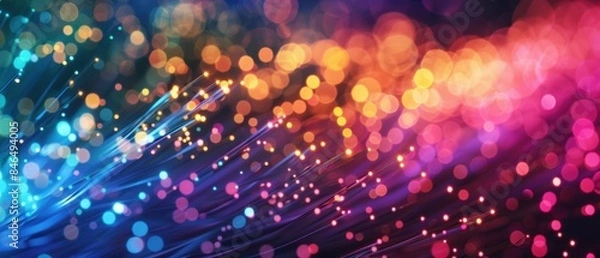 Fototapeta Colorful abstract bokeh lights with vibrant fiber optics, perfect for technology and festive themes in a stock photo collection.