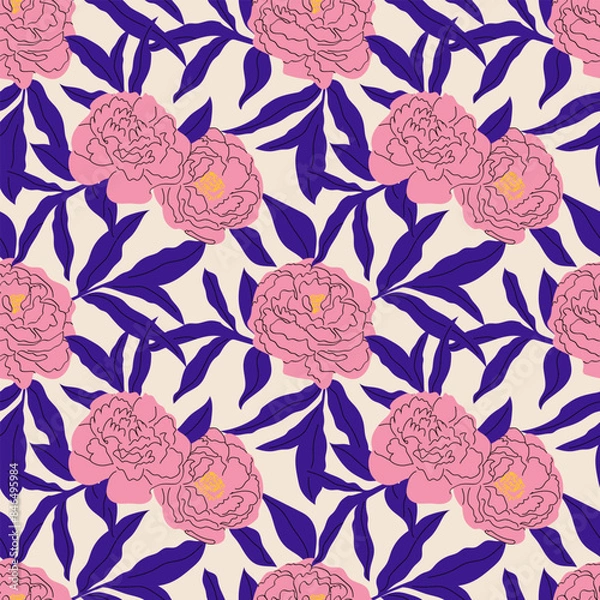 Fototapeta Vector seamless pattern with abstract flowers and leaves. Endless ornament with hand-drawn floral elements.