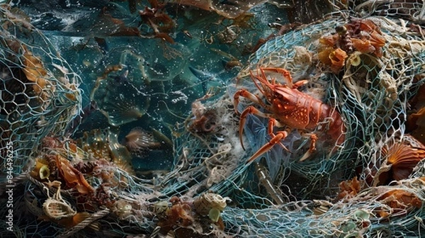 Fototapeta An evocative image featuring a delicate sea creature ensnared in a discarded fishing net, its struggle for freedom symbolizing the pervasive threat of marine debris to marine life, against a backdrop