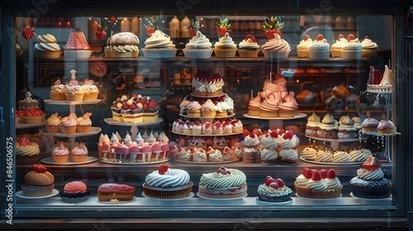 Obraz Scrumptious Array of Artisanal Pastries Tempting from Bakery Window Display