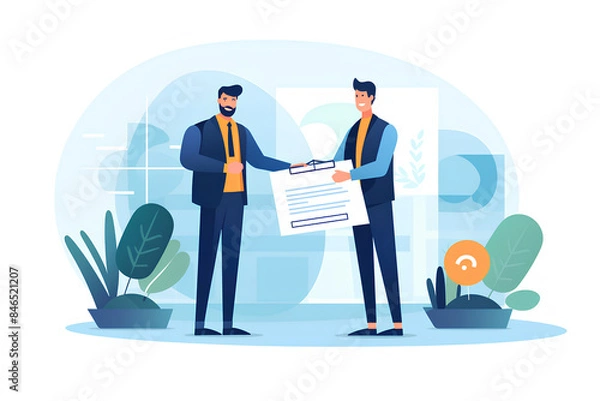 Obraz Two entrepreneurs successfully signed a project co-operation agreement contract, illustration of business concept