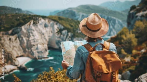 Fototapeta A woman is standing on a cliff with a map in her hand and a backpack on her back