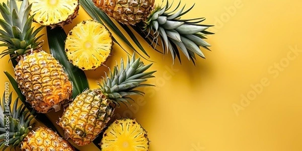 Obraz Pineapple on yellow background, pineapple in section, creative, background, wallpaper.