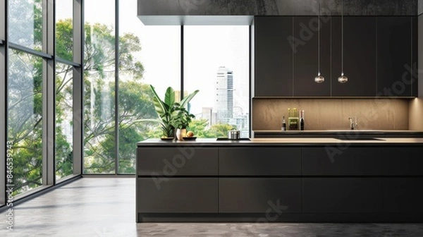 Fototapeta Stylish home kitchen interior with bar island and cabinet, window. Mockup wall