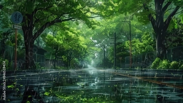 Fototapeta In the style of manga anime, illustrate streets flanked by lush trees in the midst of rainy weather
