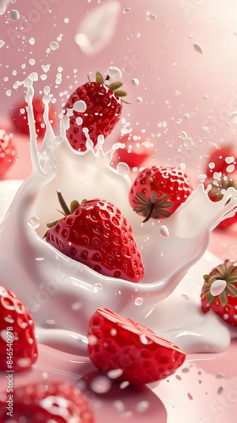 Fototapeta Creative Food Concept: Fresh Strawberries Splashing in Milk