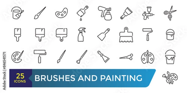 Fototapeta Brushes and Painting icon set. Related to Spray, Color palette, Paint Bucket and more. Collection and pack of linear web and ui icons. Editable stroke. Vector illustration