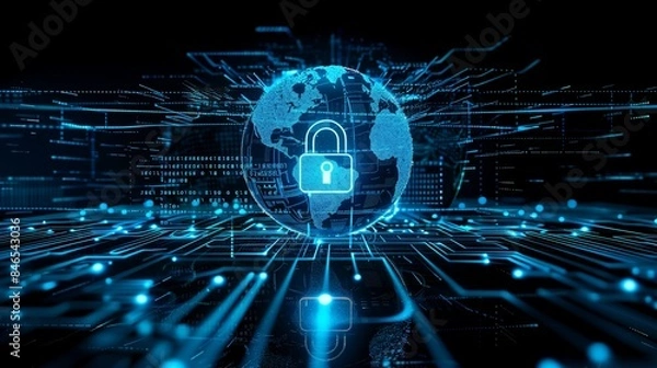 Fototapeta Digital representation of the globe with a padlock, depicting a cybersecurity concept on a dark background.  Generative AI