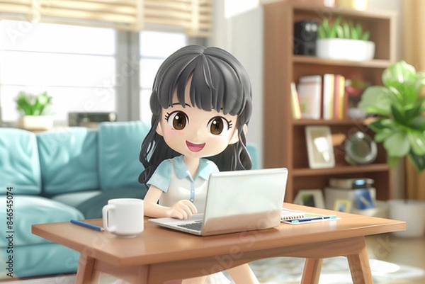 Obraz リビングでノートパソコンを使う女性