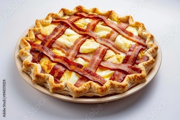 Fototapeta Bacon Lattice Breakfast Pie: Flaky Puff Pastry with Spicy Bacon and Creamy Cheese