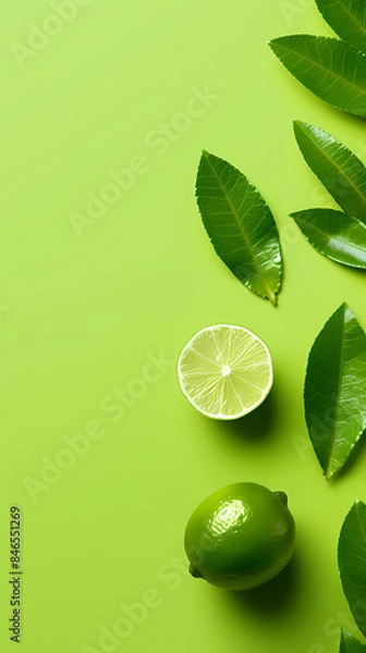 Obraz Flat lay of fresh limes and green leaves