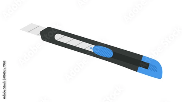 Fototapeta Stationery knife with sharp adjustable retractable blade. Utility knife, Office accessory for cutting papers, box and cardboard. Handy stationery isolated. Colored flat vector illustration