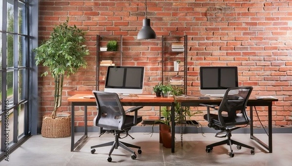 Fototapeta Modern home office interior with a brick wall, an industrial style desk and armchairs, a 3D rendering illustration of a working space.