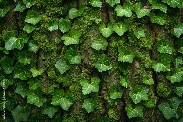 Obraz Close-up of lush green ivy leaves and moss growing on a tree bark, showcasing nature's beauty and texture in natural detail.