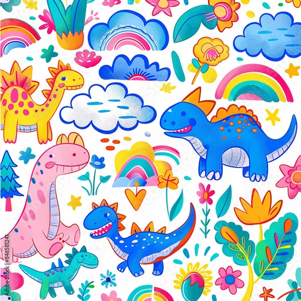 Fototapeta 3d rendered photos of kawaii design featuring dinosaurs, clouds, flowers, trees, rainbows and dinosaur patterns. Crayon doodle drawing Artwork made with generative AI