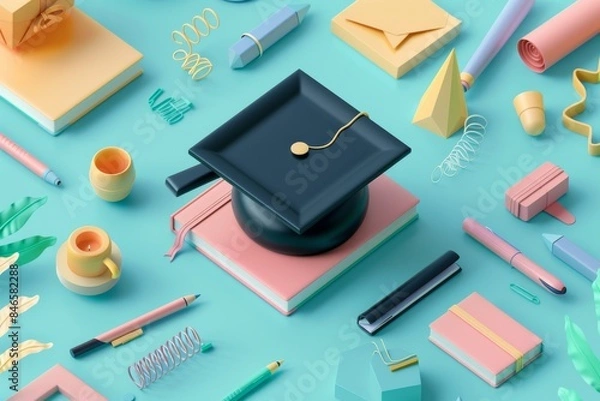 Fototapeta isometric image of graduation caps with books