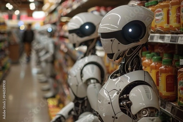 Fototapeta Robots at Work in a Supermarket Generative AI