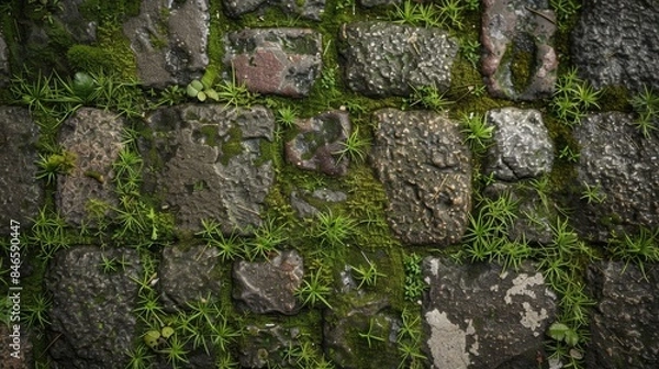 Obraz Crumbling mosscovered cobblestones tell the story of this streets endurance and survival through wars and revolutions. . AI generation.