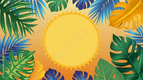 Fototapeta Colorful abstract summer background design. With bight sun and tropical leaves