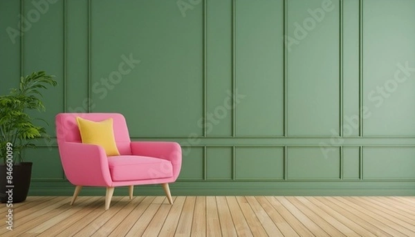 Fototapeta Room with green wall and wooden floor with pink modern armchair. Bright room interior mockup. Empty room for mockup. 3d rendering.