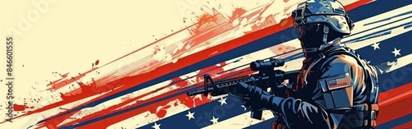 Fototapeta Patriotic US Soldier with Flag, Stylized Heroic Art