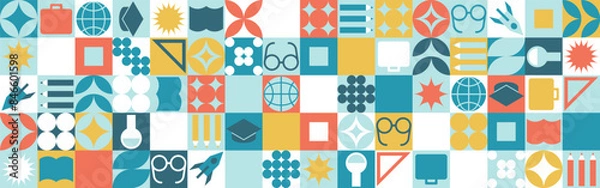 Fototapeta School seamless background for a stand made of geometric shapes, colored mosaic in a trendy style. Student and office worker template for wallpaper and web cover - globe, book. glasses, pencils.