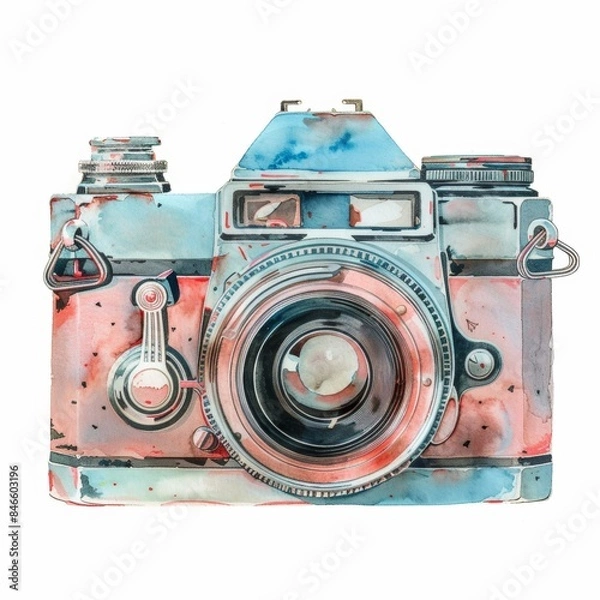 Fototapeta High-quality watercolor clipart featuring a vintage camera, isolated on a white background