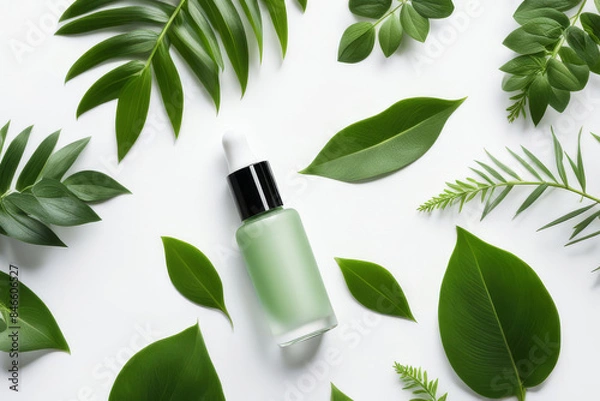 Fototapeta Top view of frosted glass dropper bottle with beauty face oil on white background. anti aging serum with natural ingredients. AI Generated