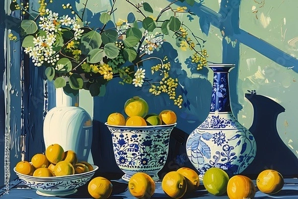 Fototapeta Chinoiserie still life Textured impasto  oil painting wall art of oranges  and grape on the  table with a vase, room decoration, vintage, farmhouse style wallpaper