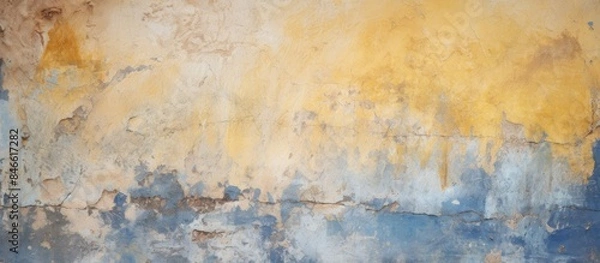 Obraz Ancient mural-like fresco background featuring yellow and blue peeled paint on an old wall, resembling a copy space image.