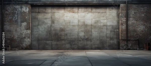 Fototapeta An industrial setting with an empty urban street featuring a grungy warehouse brick wall in the backdrop, suitable for copy space image.