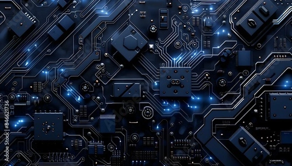 Fototapeta High-tech circuit board with black and blue tones, showcasing advanced microchips and circuits on the surface of an intricate electronic design
