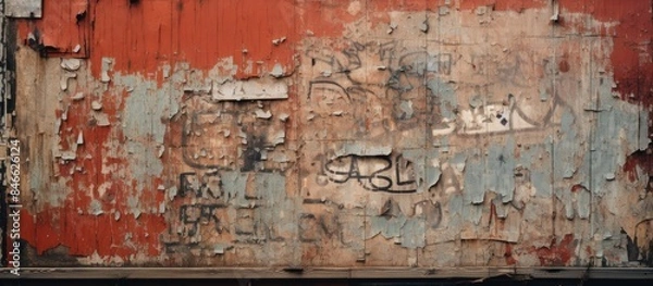 Fototapeta A weathered and peeling street poster with an old abstract design, offering a unique aesthetic with a striking appearance and copy space image.