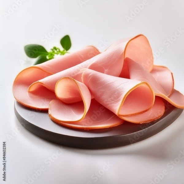 Fototapeta Thin slices of ham on white background.