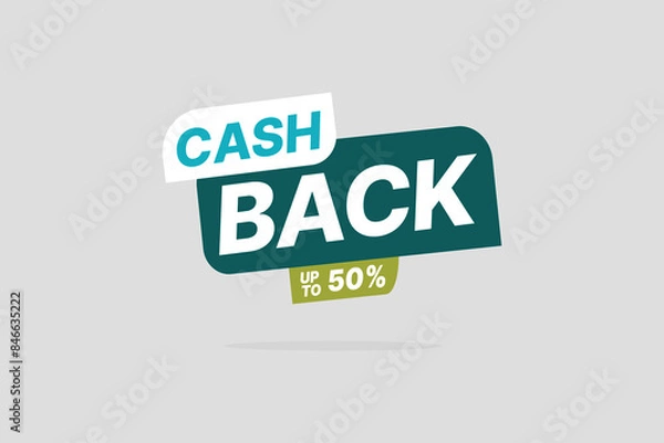Obraz Three-dimension cash back up to 50 percent sale template. Refund and money return after shopping special offer commerce financial deal vector illustration isolated on grey background.