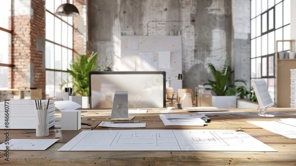 Obraz Modern Architect's Workspace Business Cards Models and Blueprints in Urban Office Setting