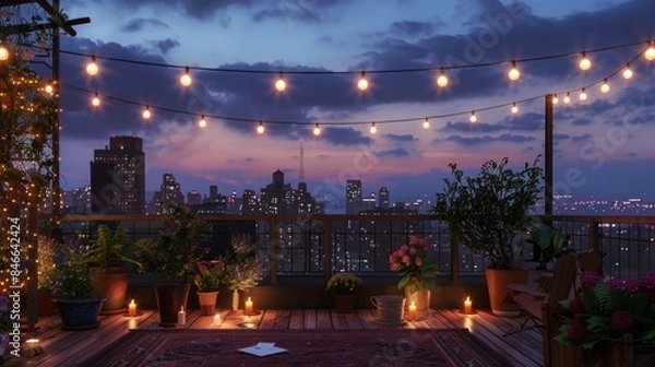Fototapeta Chic Urban Rooftop Soiree Stylish Business Networking Amidst City Lights and Lush Greenery