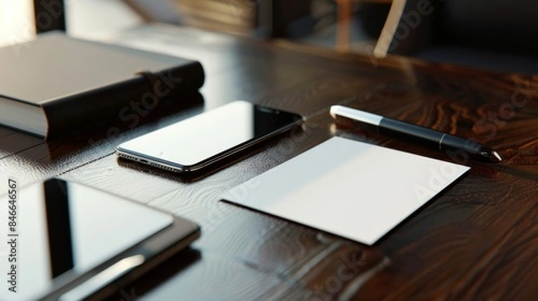 Fototapeta Professional Networking Blank Business Cards on Luxurious Mahogany Desk with Smartphone and HighEnd Pen Corporate Elegance and Sophistication Stock Image