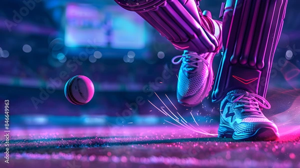 Fototapeta Dynamic cricket action as ball is hit in player's Leg, TV screen backdrop, purple-blue poster theme