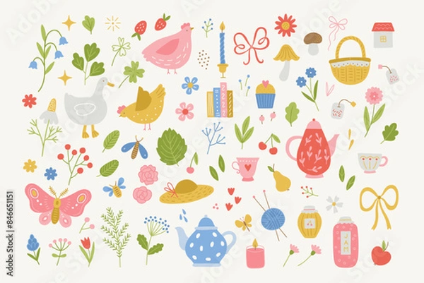 Obraz Cottage core collection - hen, goose, flowers, apple, pear, cherry, cup