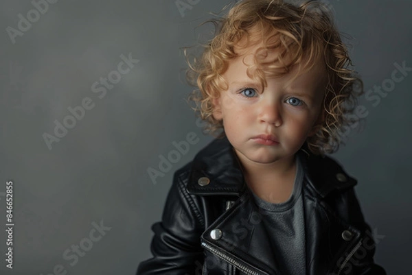 Fototapeta A young child with curly blond hair, sporting a black leather jacket, gazes pensively at the camera with a gray backdrop.
